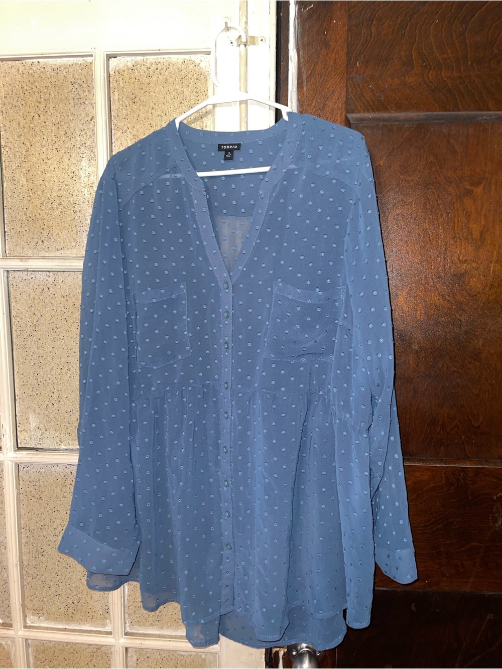 torrid Dusty Blue Swiss Dot Button-Front Peplum Tunic Shirt - Sz 3